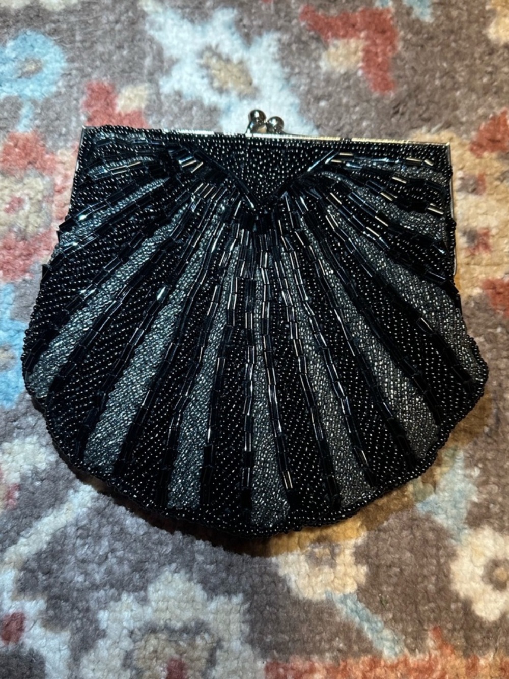 🖤 Black Beaded Shell Clutch Evening Bag Retro Glam Purse